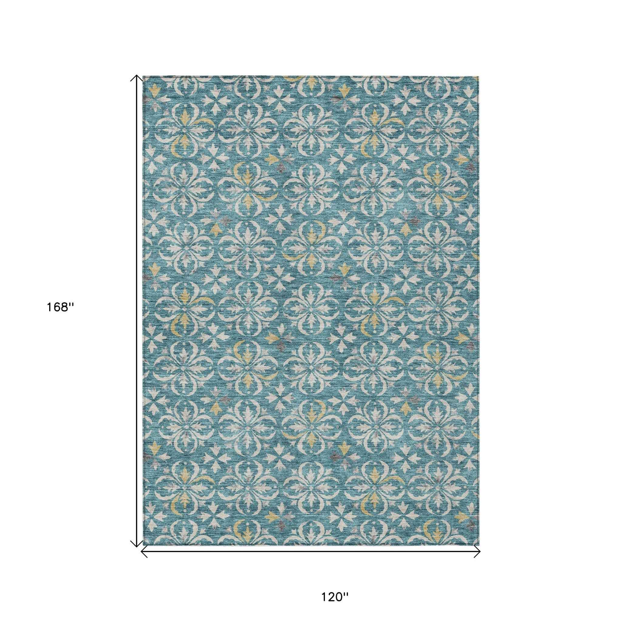 10' X 14' Teal Blue Gray And Gold Floral Washable Indoor Outdoor Area Rug