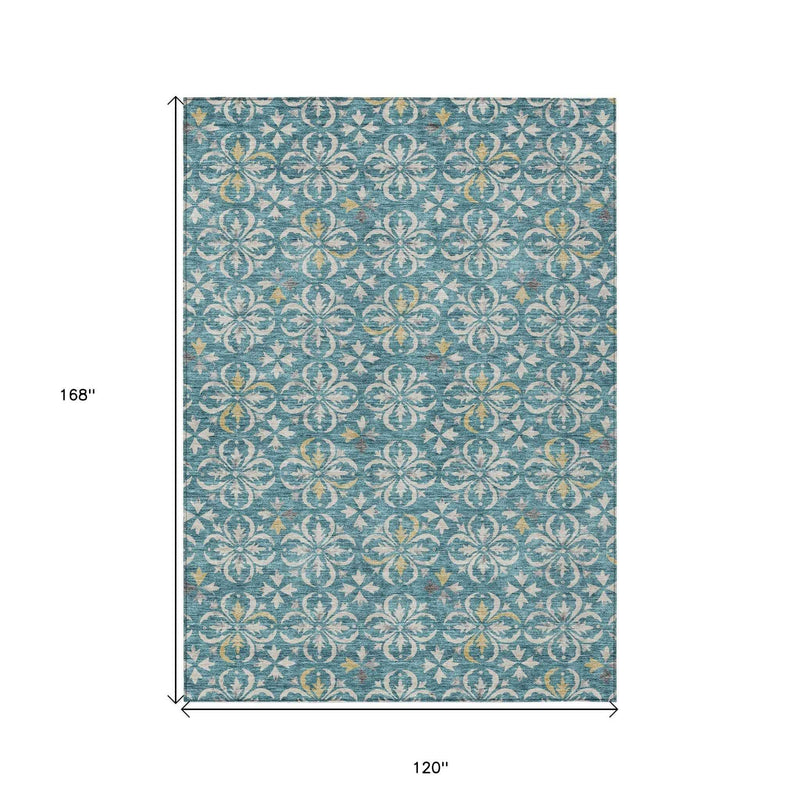 10' X 14' Teal Blue Gray And Gold Floral Washable Indoor Outdoor Area Rug