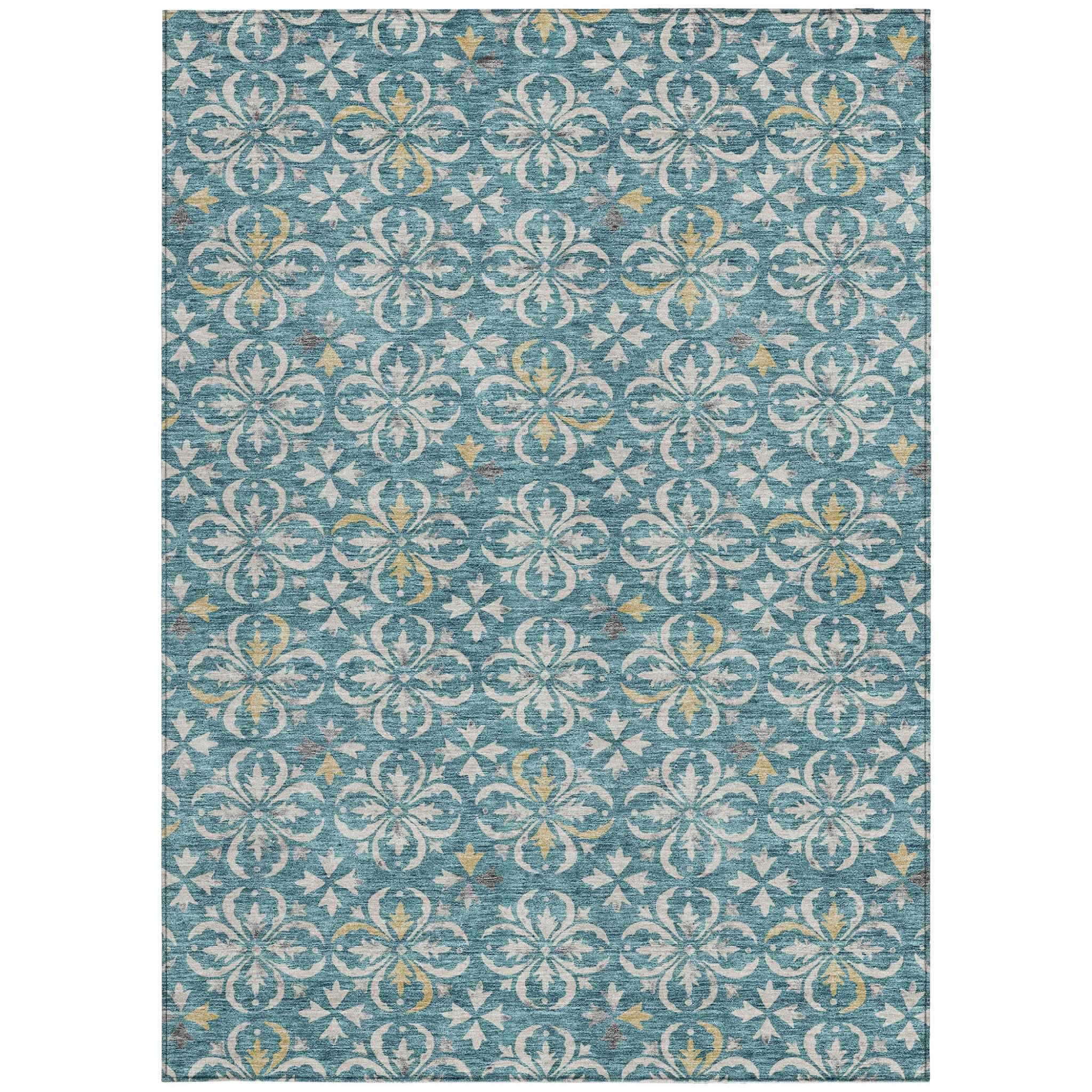 10' X 14' Teal Blue Gray And Gold Floral Washable Indoor Outdoor Area Rug
