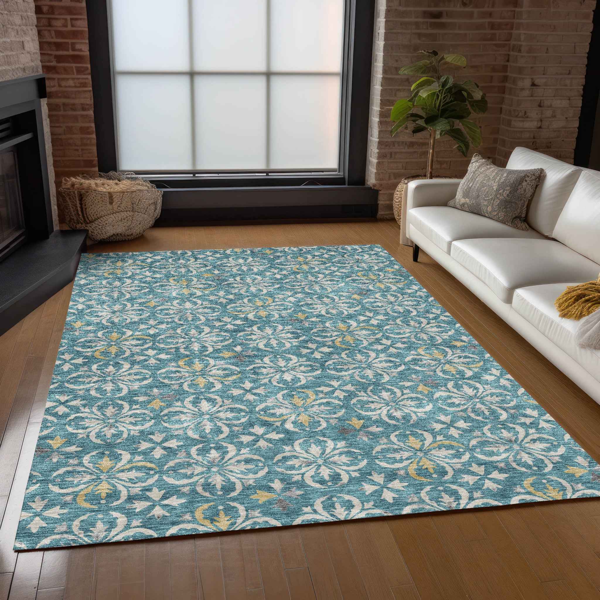 10' X 14' Teal Blue Gray And Gold Floral Washable Indoor Outdoor Area Rug