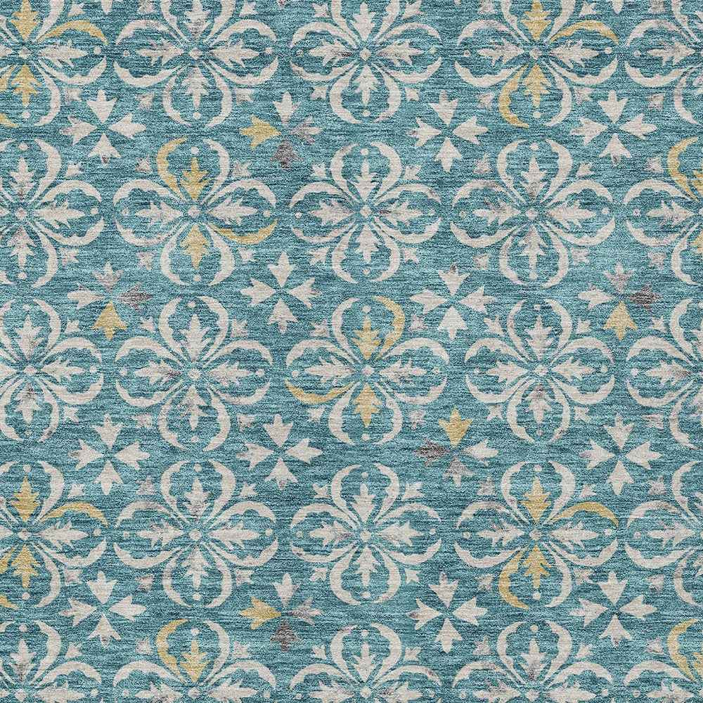 10' X 14' Teal Blue Gray And Gold Floral Washable Indoor Outdoor Area Rug