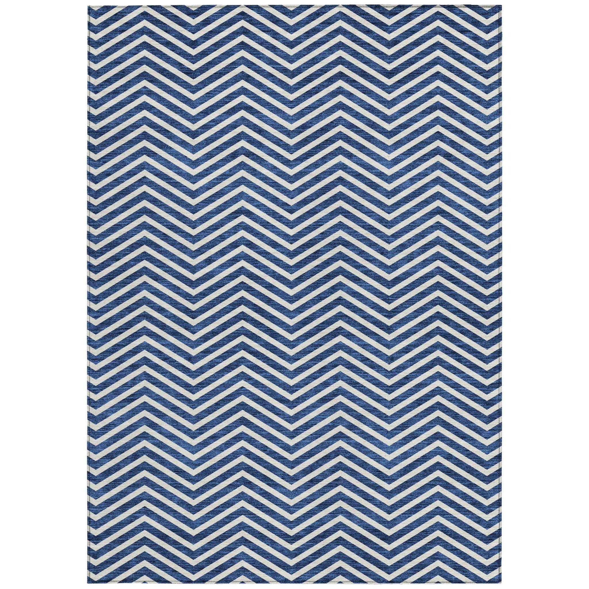 3' X 5' Blue And Ivory Chevron Washable Indoor Outdoor Area Rug