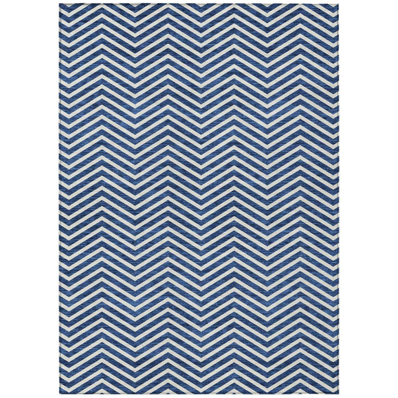 3' X 5' Blue And Ivory Chevron Washable Indoor Outdoor Area Rug