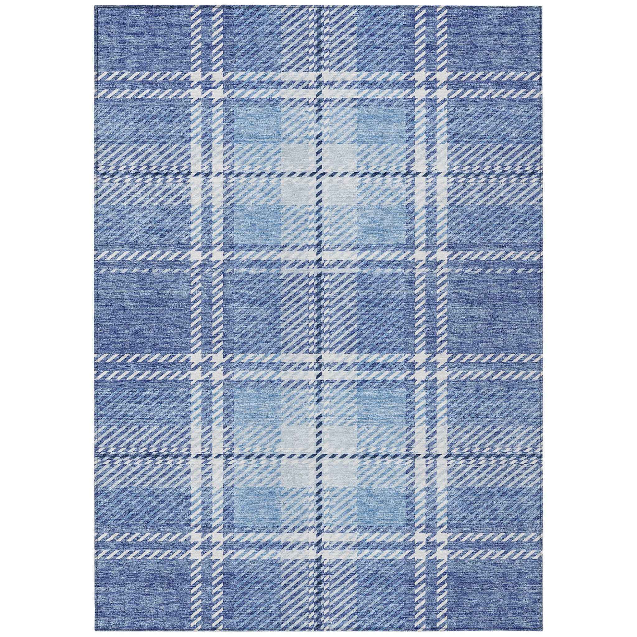 3' X 5' Denim Blue And Ivory Plaid Washable Indoor Outdoor Area Rug