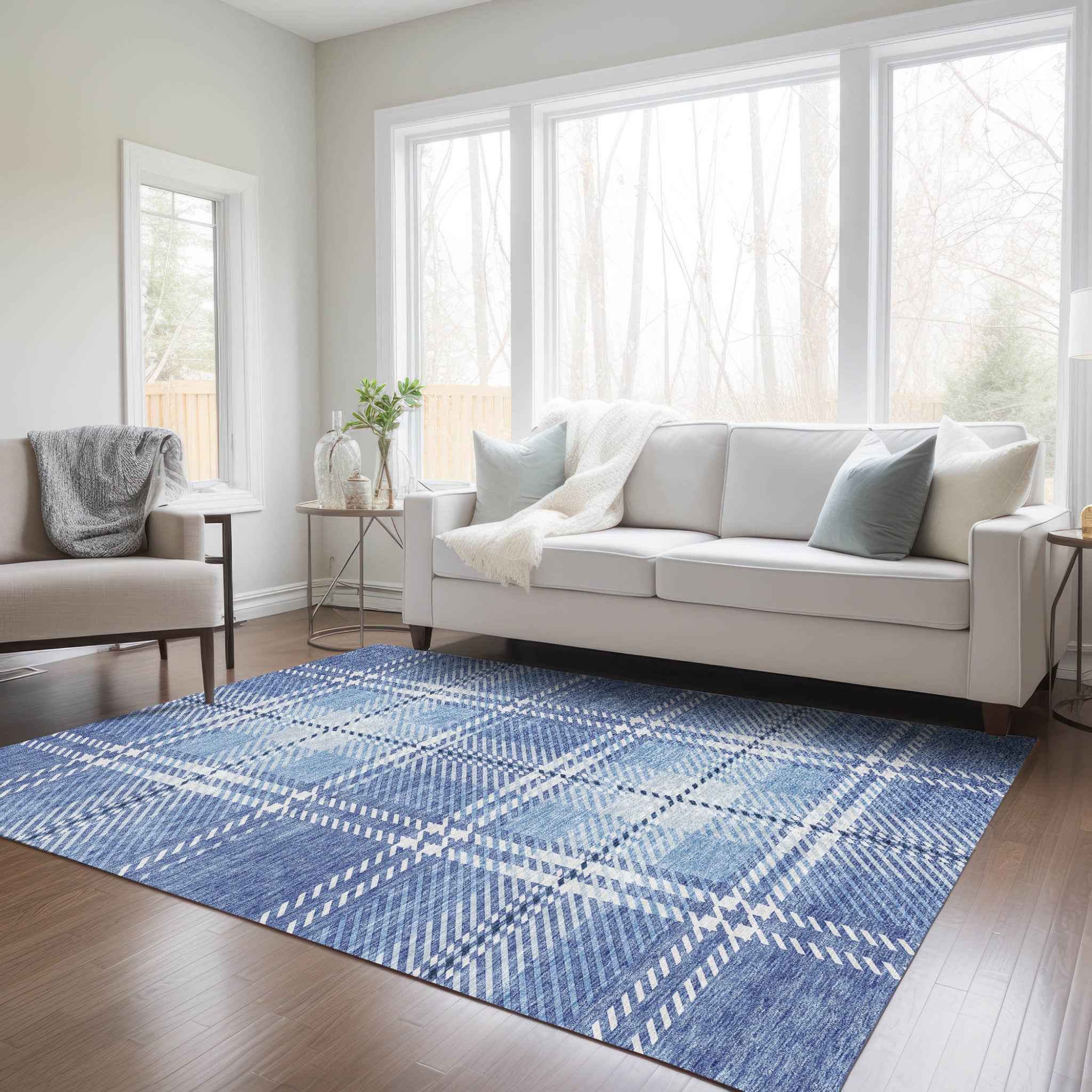 3' X 5' Denim Blue And Ivory Plaid Washable Indoor Outdoor Area Rug