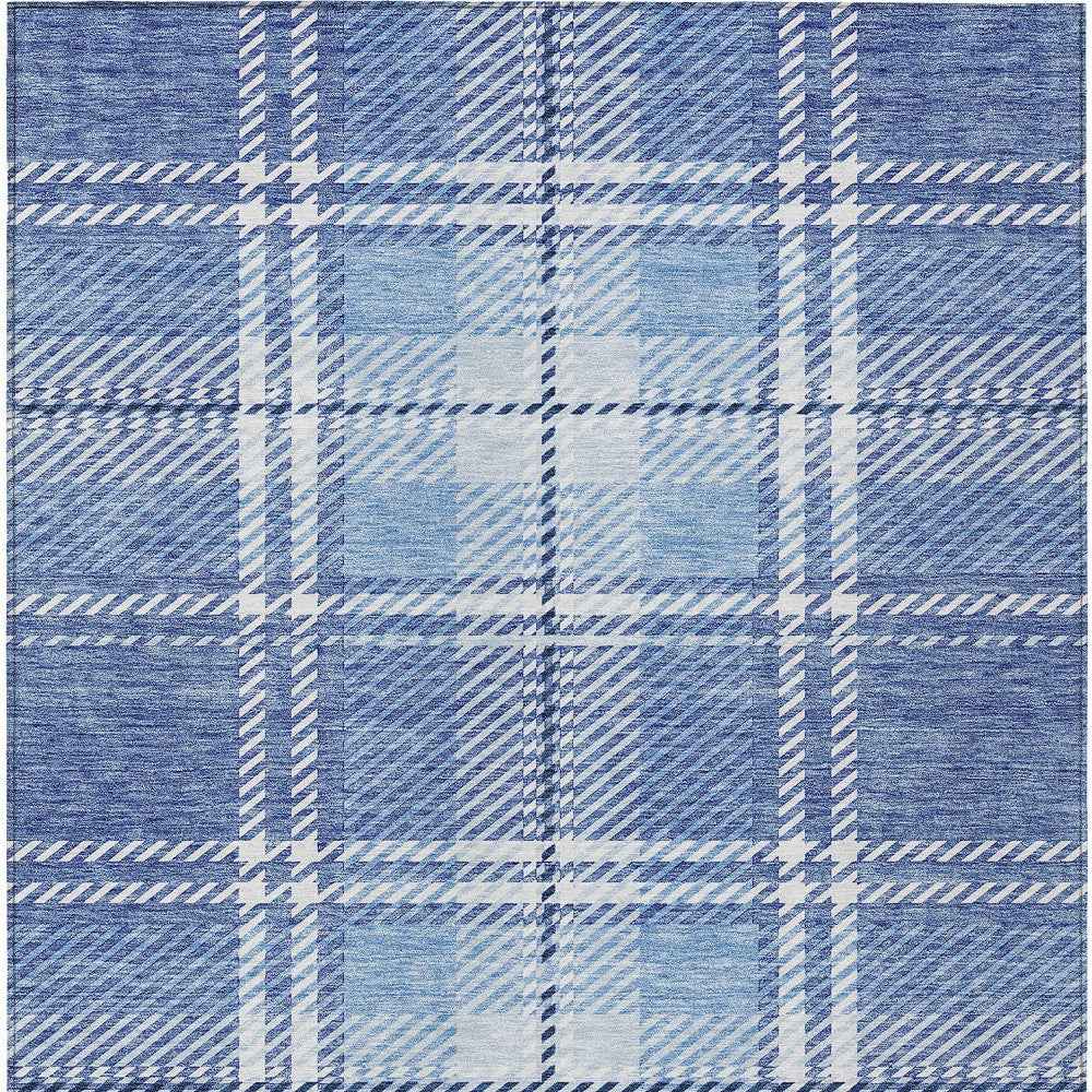 3' X 5' Denim Blue And Ivory Plaid Washable Indoor Outdoor Area Rug