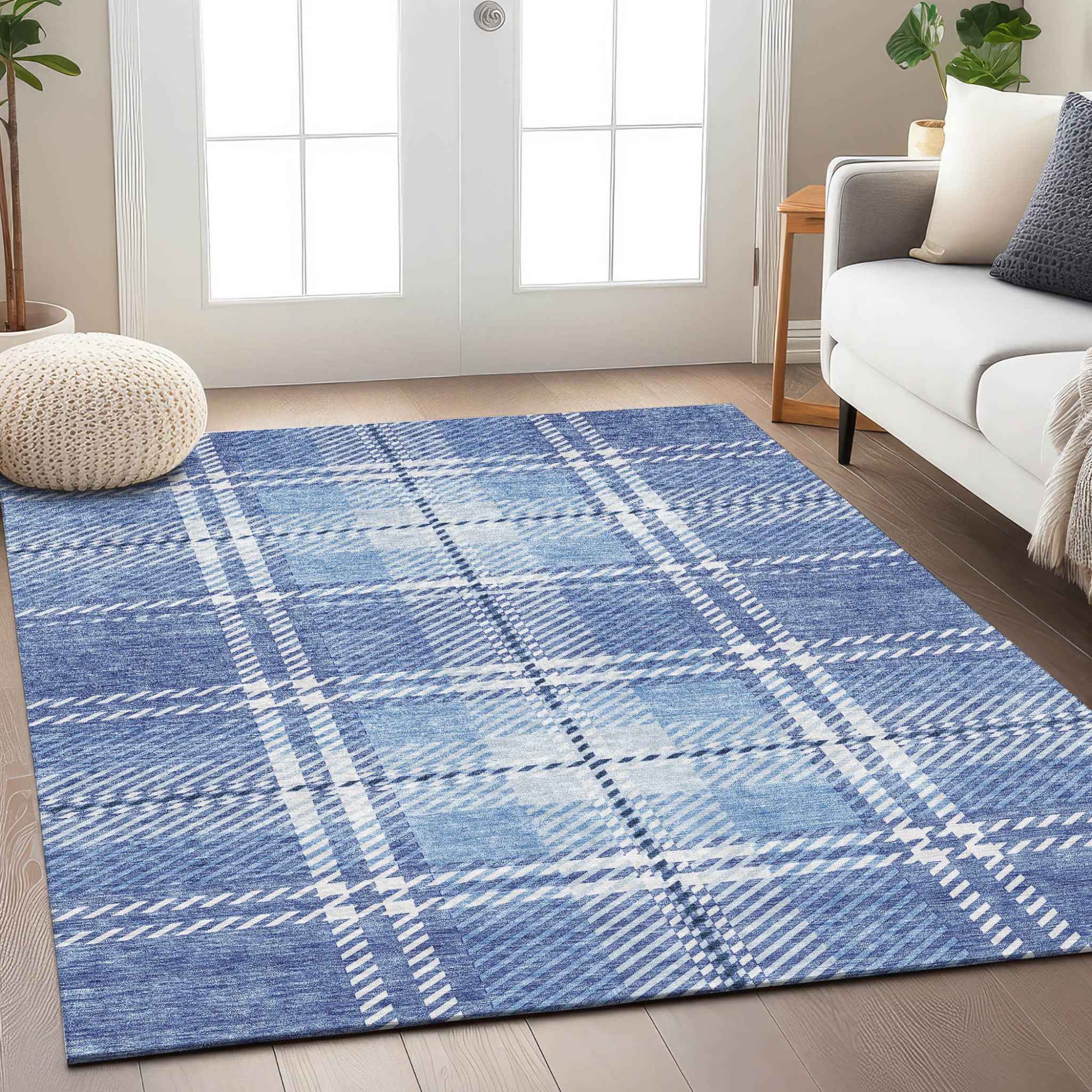 3' X 5' Denim Blue And Ivory Plaid Washable Indoor Outdoor Area Rug
