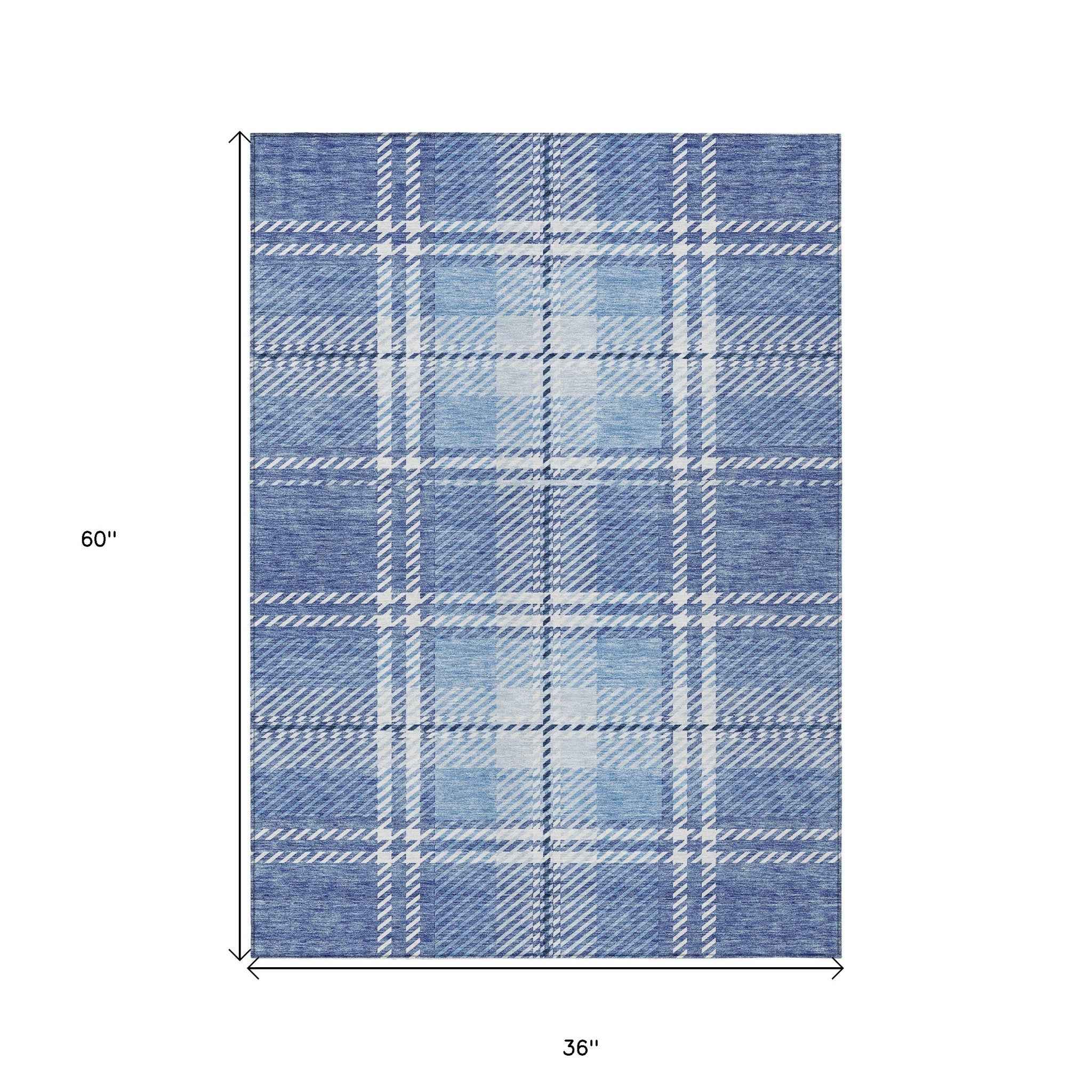 3' X 5' Denim Blue And Ivory Plaid Washable Indoor Outdoor Area Rug