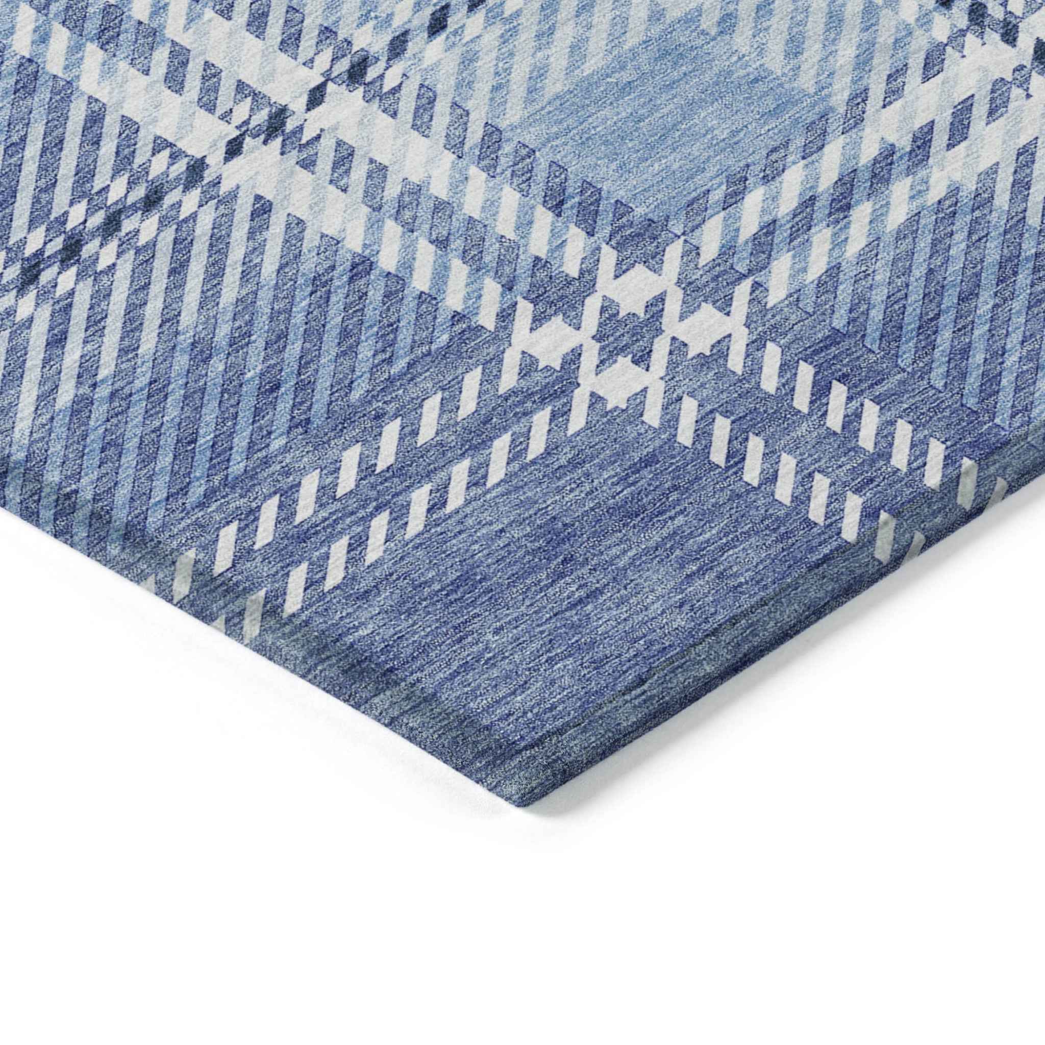 3' X 5' Denim Blue And Ivory Plaid Washable Indoor Outdoor Area Rug