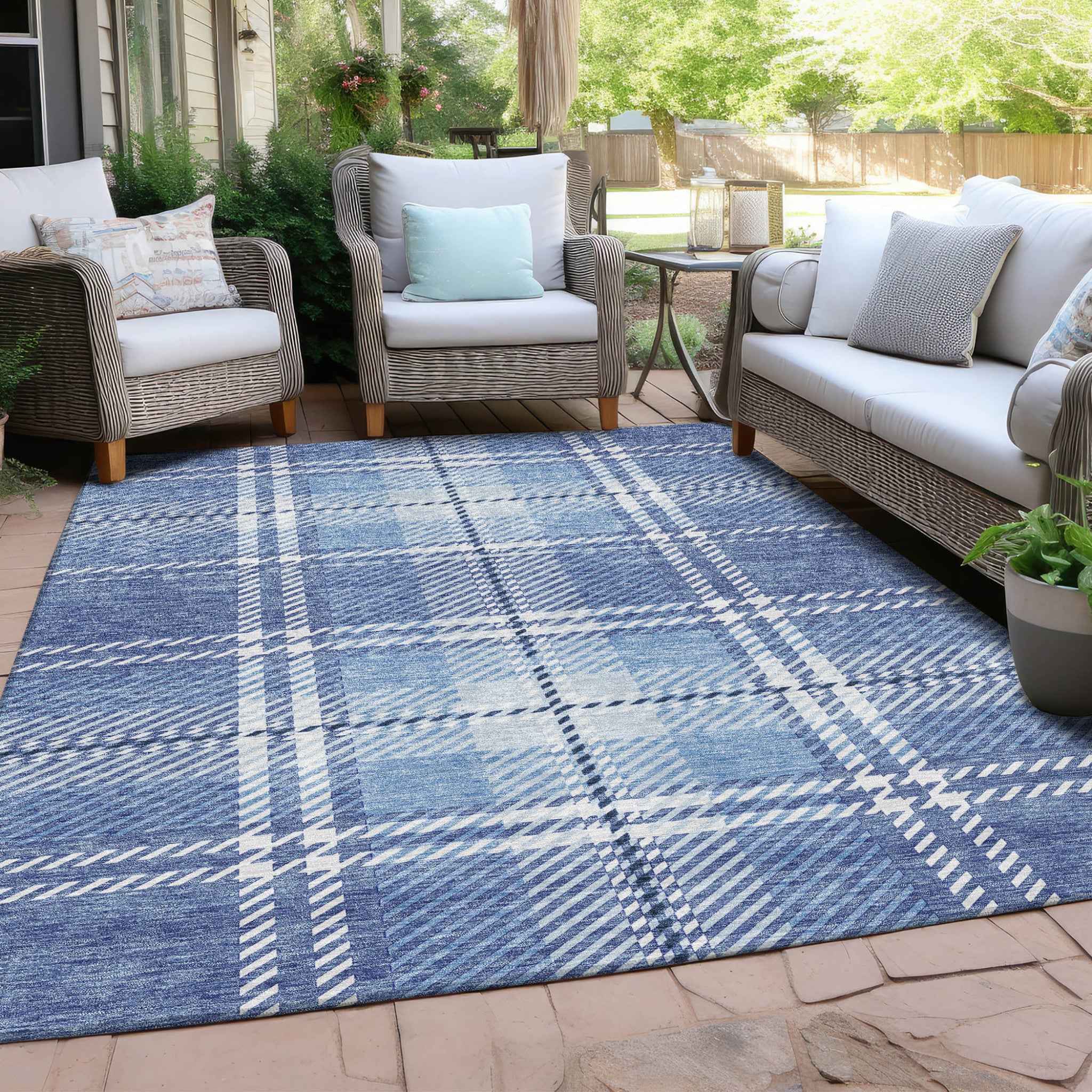 3' X 5' Denim Blue And Ivory Plaid Washable Indoor Outdoor Area Rug