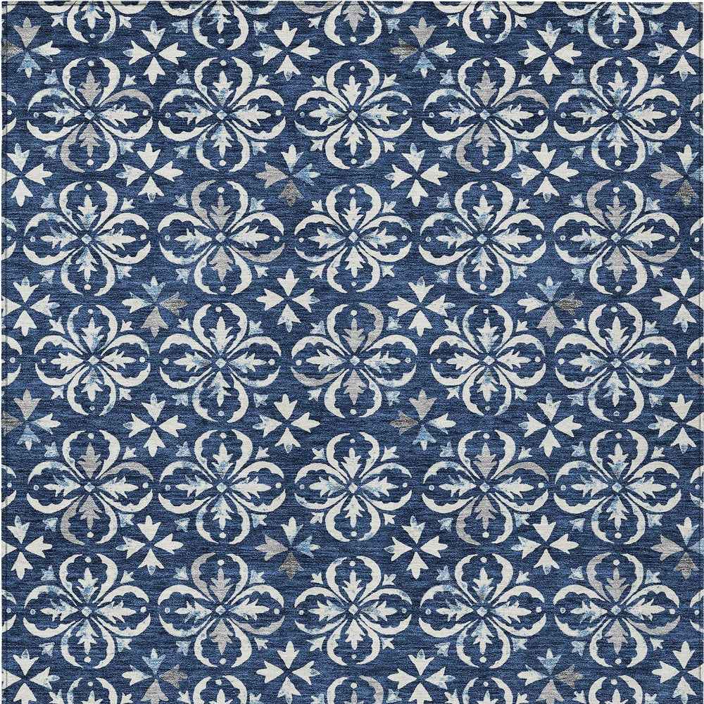 5' X 8' Navy Blue And Ivory Floral Washable Indoor Outdoor Area Rug