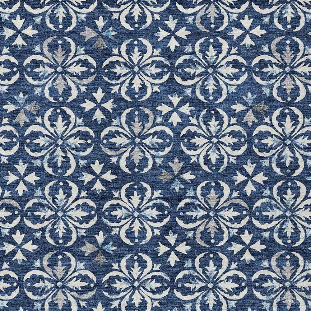 5' X 8' Navy Blue And Ivory Floral Washable Indoor Outdoor Area Rug