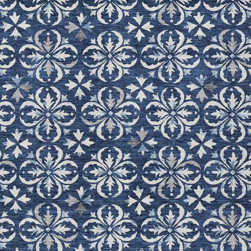 5' X 8' Navy Blue And Ivory Floral Washable Indoor Outdoor Area Rug
