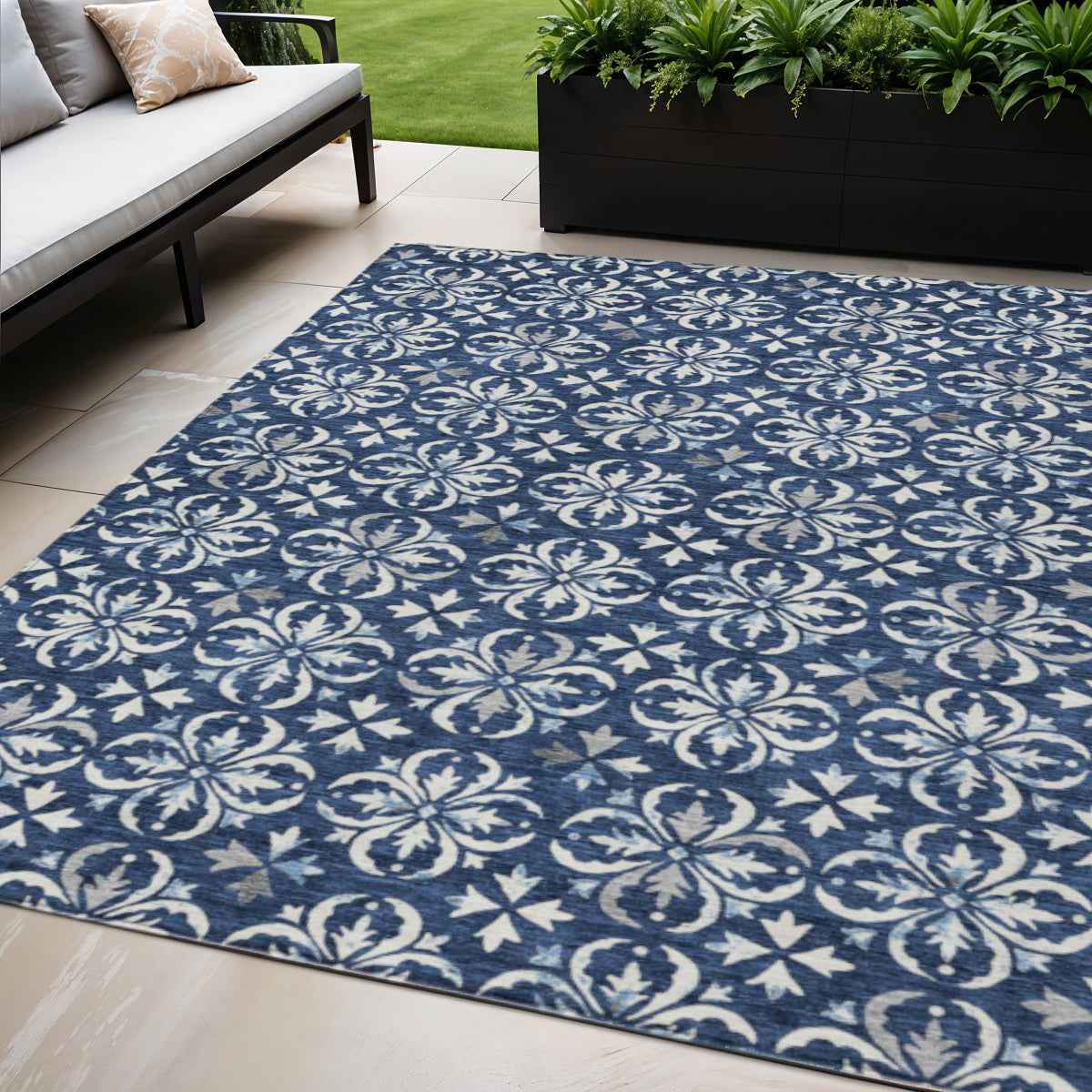 5' X 8' Navy Blue And Ivory Floral Washable Indoor Outdoor Area Rug
