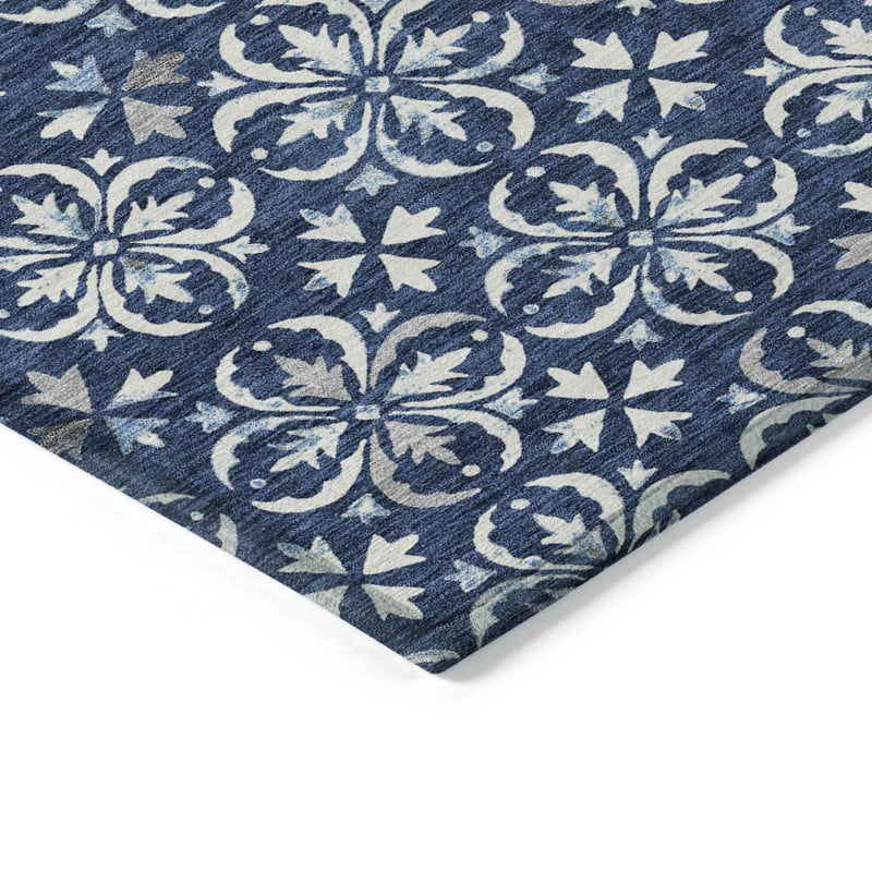 5' X 8' Navy Blue And Ivory Floral Washable Indoor Outdoor Area Rug