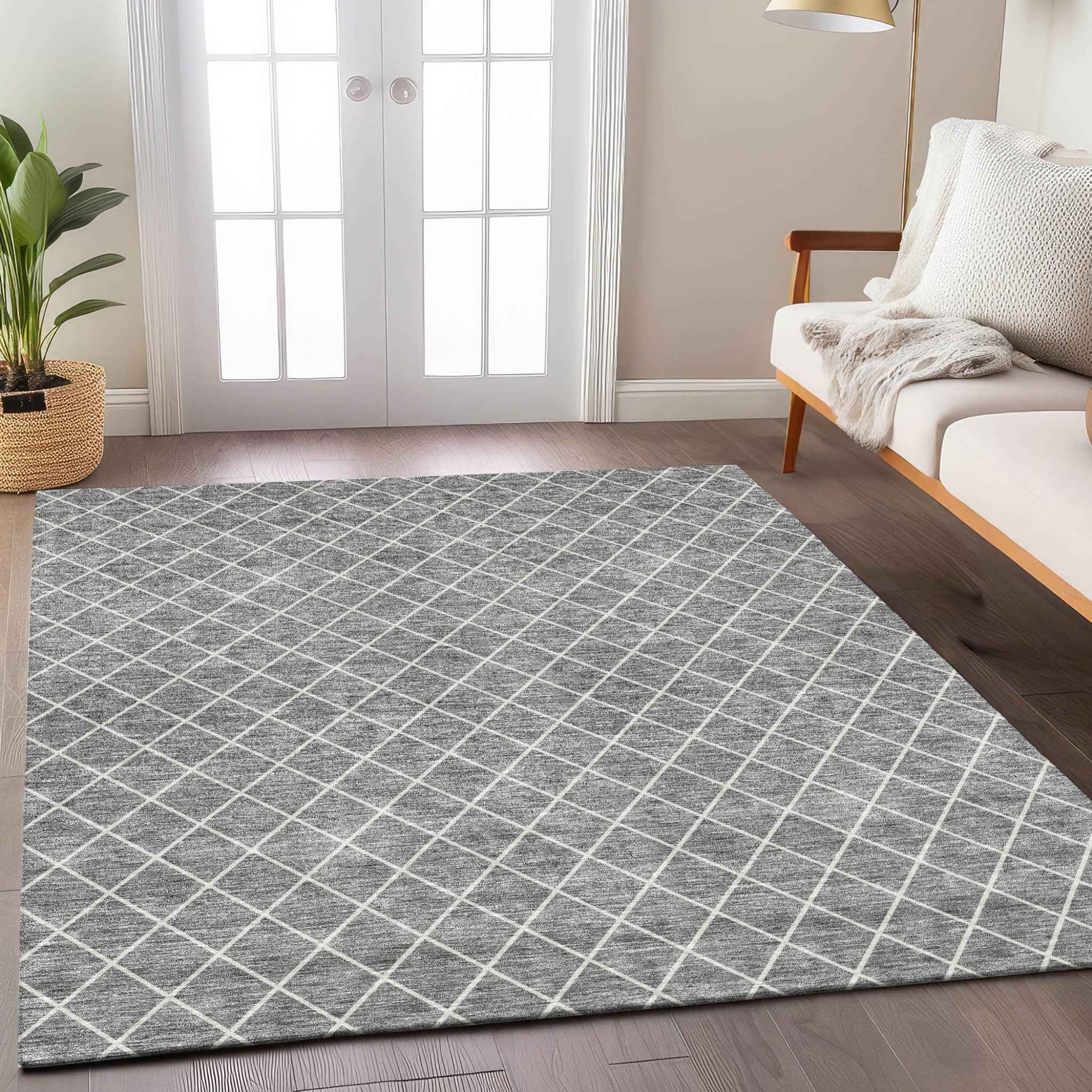 5' X 8' Gray And Ivory Geometric Washable Indoor Outdoor Area Rug
