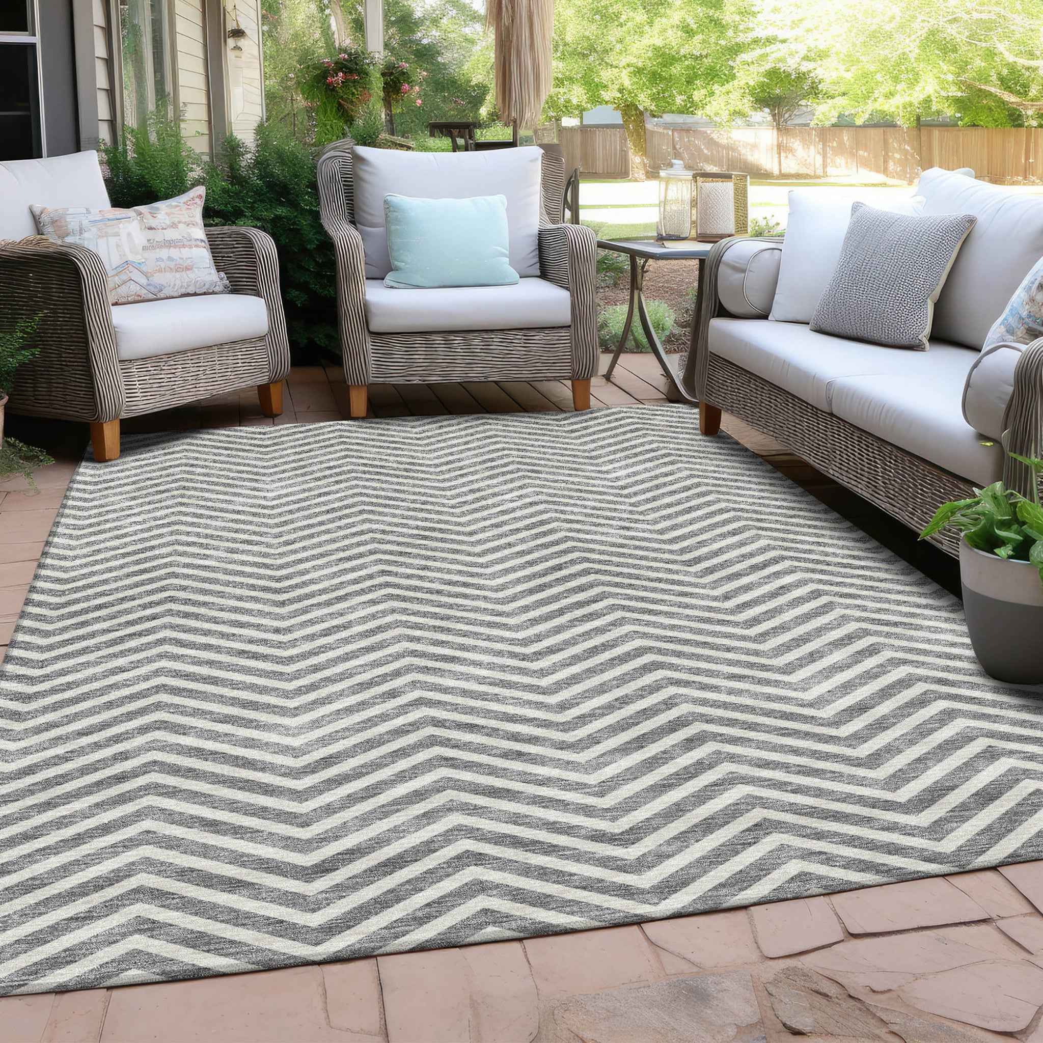 10' X 14' Gray And Ivory Chevron Washable Indoor Outdoor Area Rug