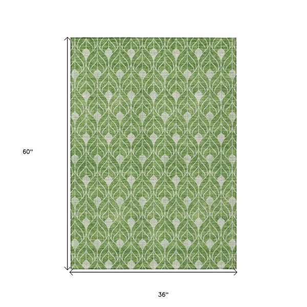 3' X 5' Green And Light Green Geometric Washable Indoor Outdoor Area Rug