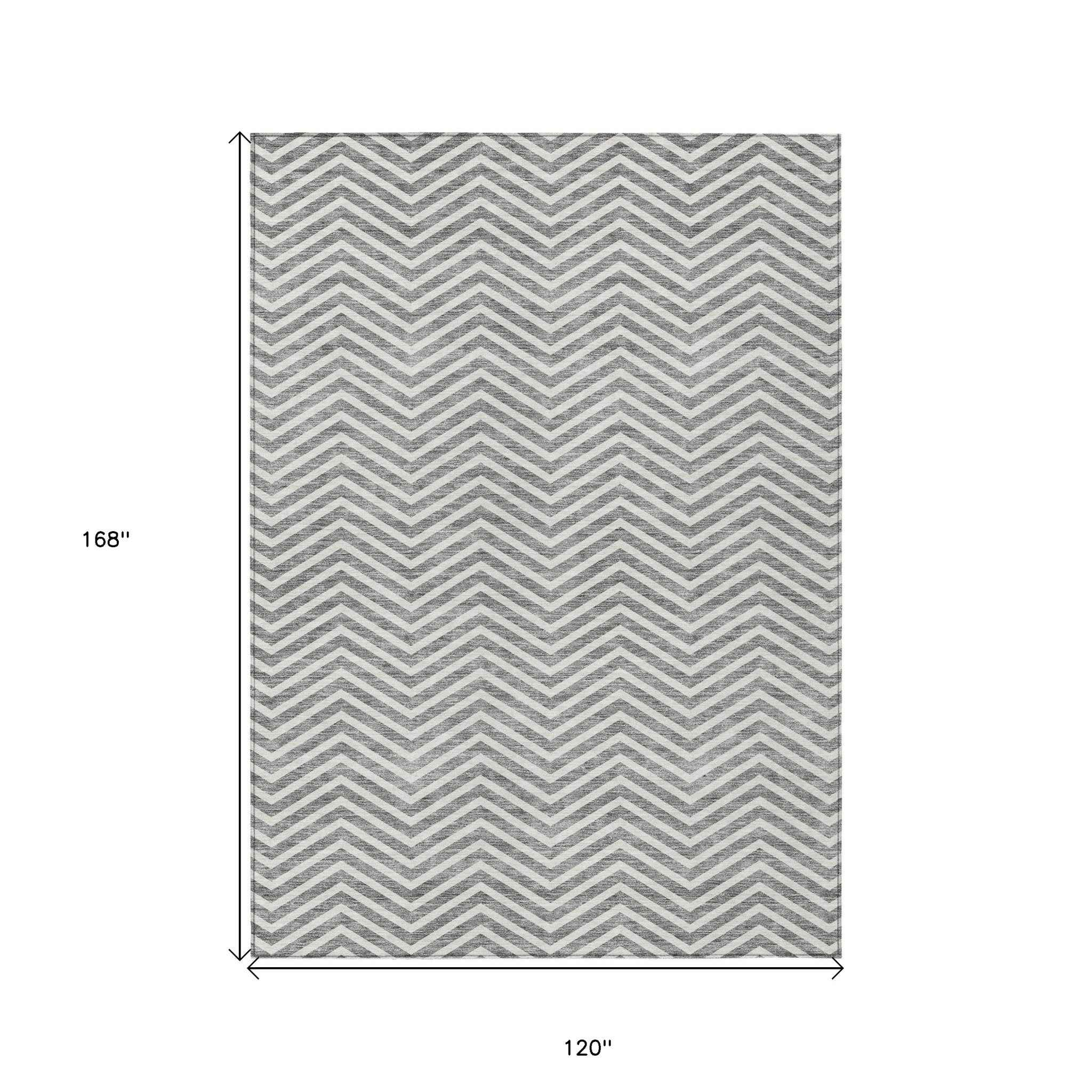 10' X 14' Gray And Ivory Chevron Washable Indoor Outdoor Area Rug