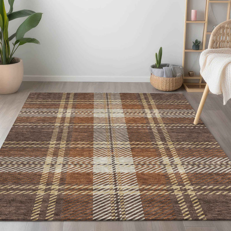 8' X 10' Chocolate Copper And Gold Plaid Washable Indoor Outdoor Area Rug