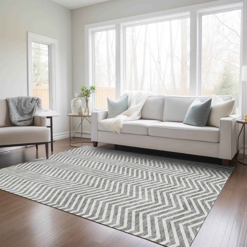 10' X 14' Gray And Ivory Chevron Washable Indoor Outdoor Area Rug