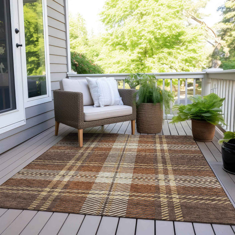 8' X 10' Chocolate Copper And Gold Plaid Washable Indoor Outdoor Area Rug