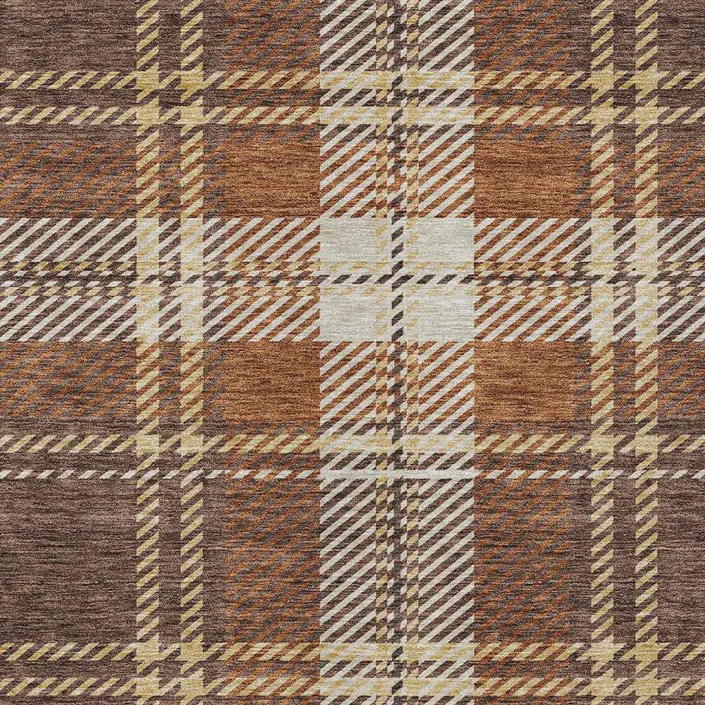 8' X 10' Chocolate Copper And Gold Plaid Washable Indoor Outdoor Area Rug