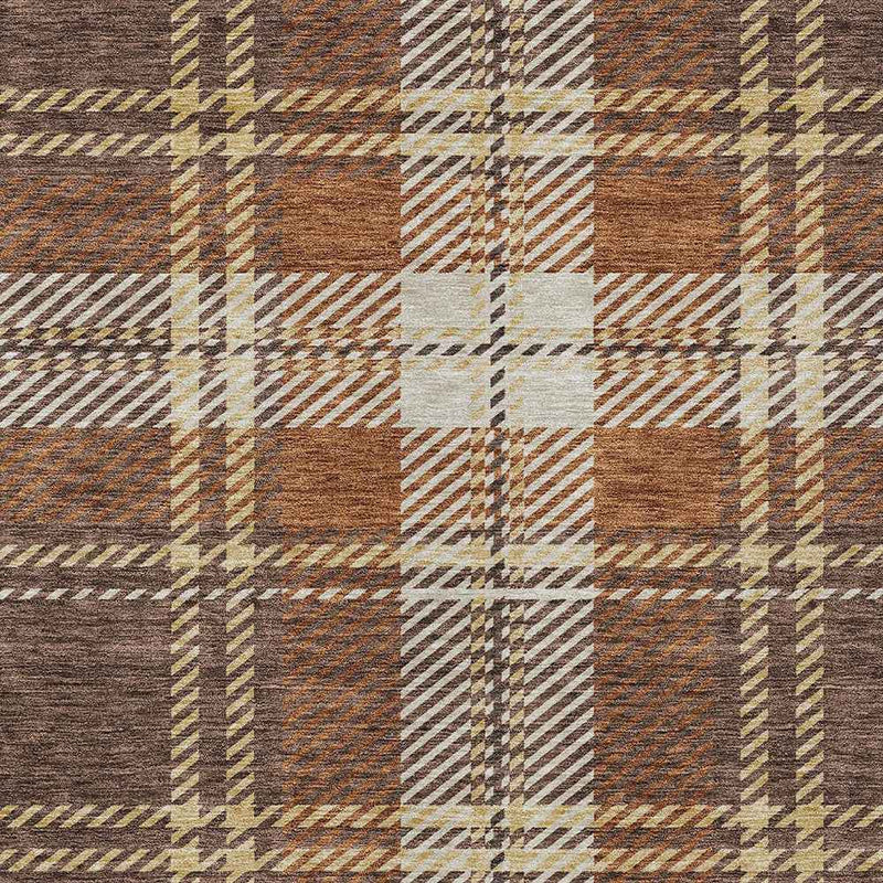 8' X 10' Chocolate Copper And Gold Plaid Washable Indoor Outdoor Area Rug