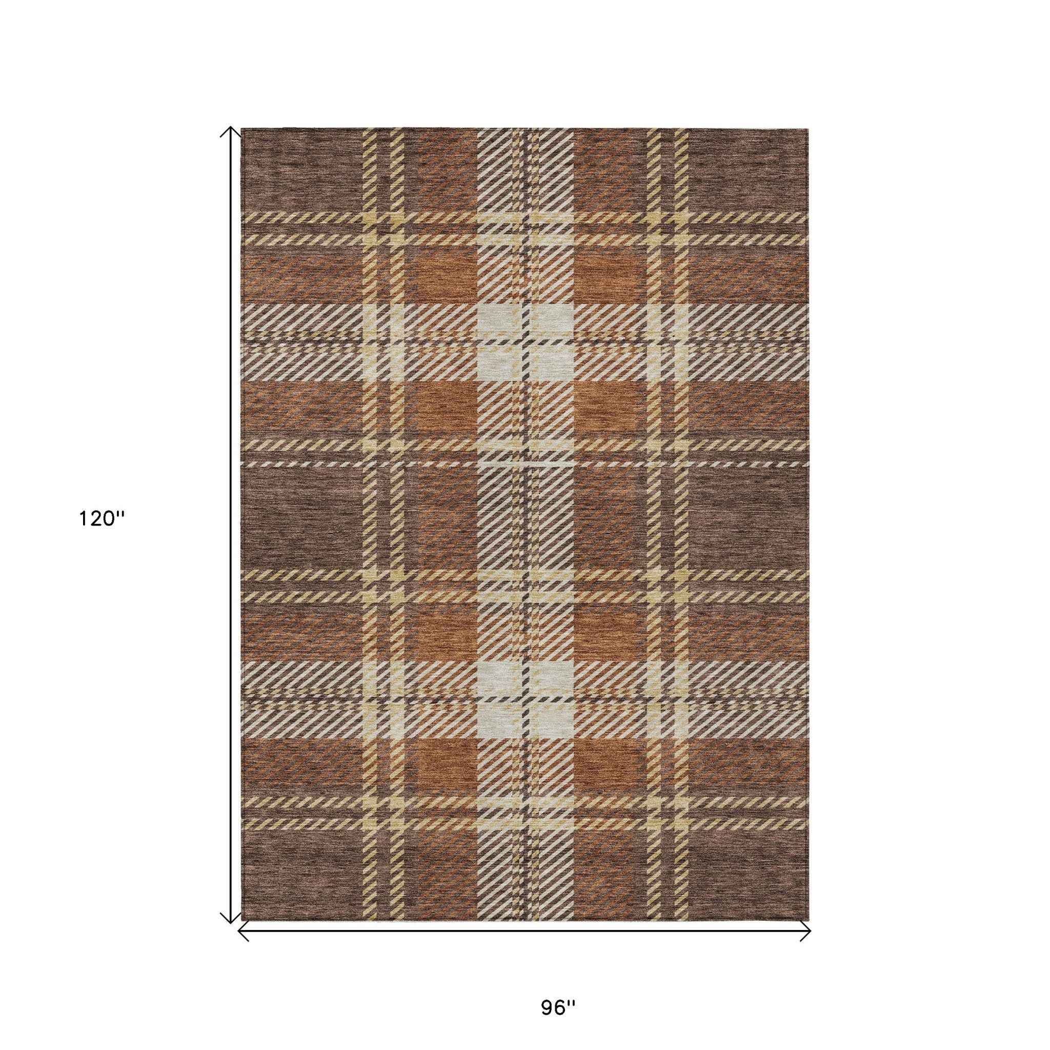8' X 10' Chocolate Copper And Gold Plaid Washable Indoor Outdoor Area Rug
