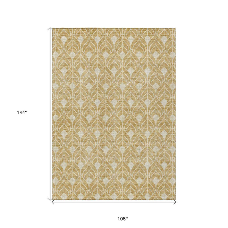 9' X 12' Gold And Ivory Geometric Washable Indoor Outdoor Area Rug