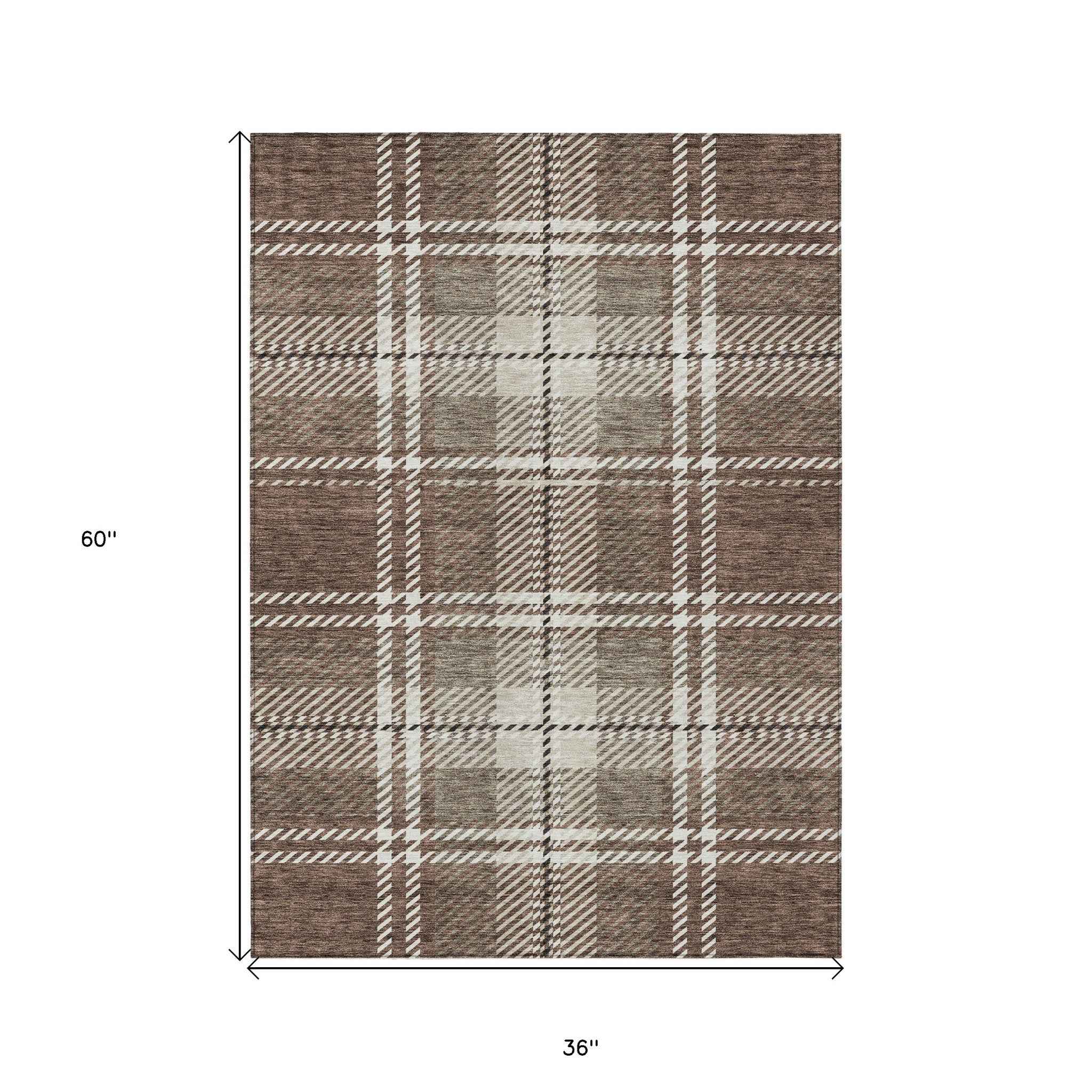 3' X 5' Brown Black And Ivory Plaid Washable Indoor Outdoor Area Rug