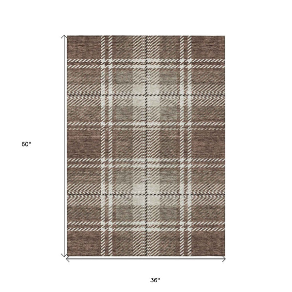 3' X 5' Brown Black And Ivory Plaid Washable Indoor Outdoor Area Rug