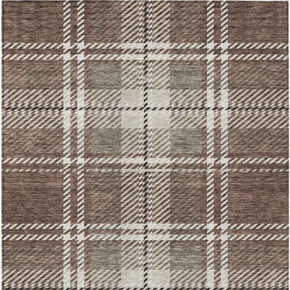 3' X 5' Brown Black And Ivory Plaid Washable Indoor Outdoor Area Rug