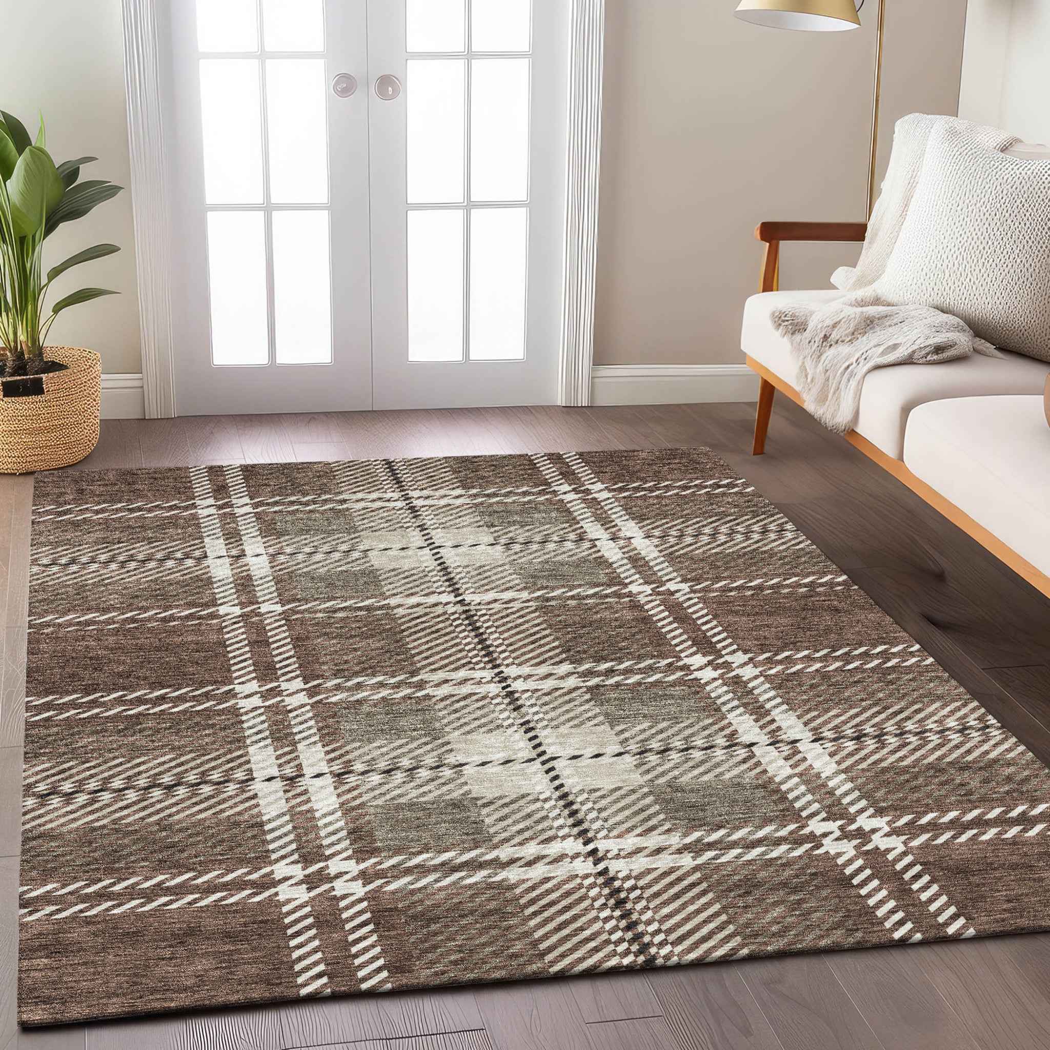 3' X 5' Brown Black And Ivory Plaid Washable Indoor Outdoor Area Rug