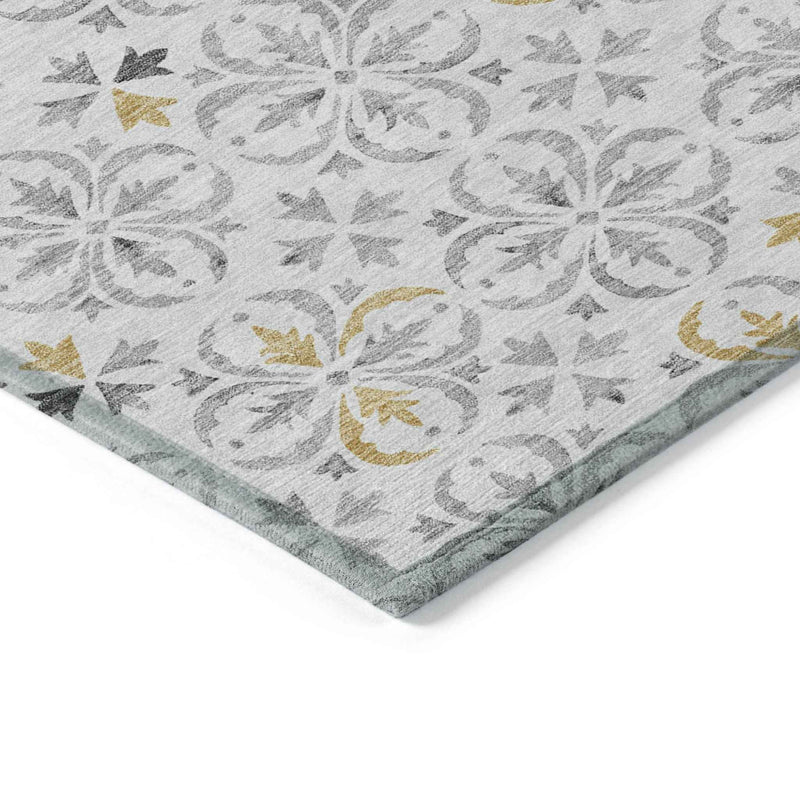 10' X 14' Silver Gray And Gold Floral Washable Indoor Outdoor Area Rug
