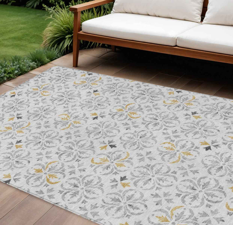 10' X 14' Silver Gray And Gold Floral Washable Indoor Outdoor Area Rug