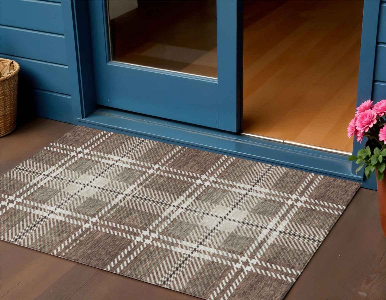 3' X 5' Brown Black And Ivory Plaid Washable Indoor Outdoor Area Rug