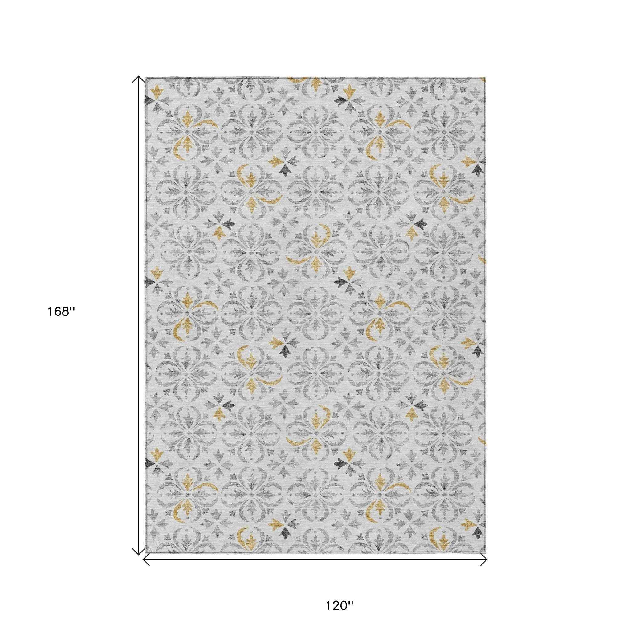 10' X 14' Silver Gray And Gold Floral Washable Indoor Outdoor Area Rug