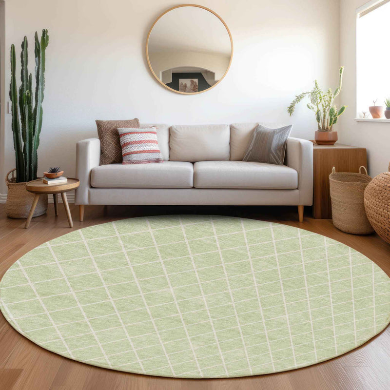 8' Mint Green And Ivory Round Geometric Washable Indoor Outdoor Area Rug