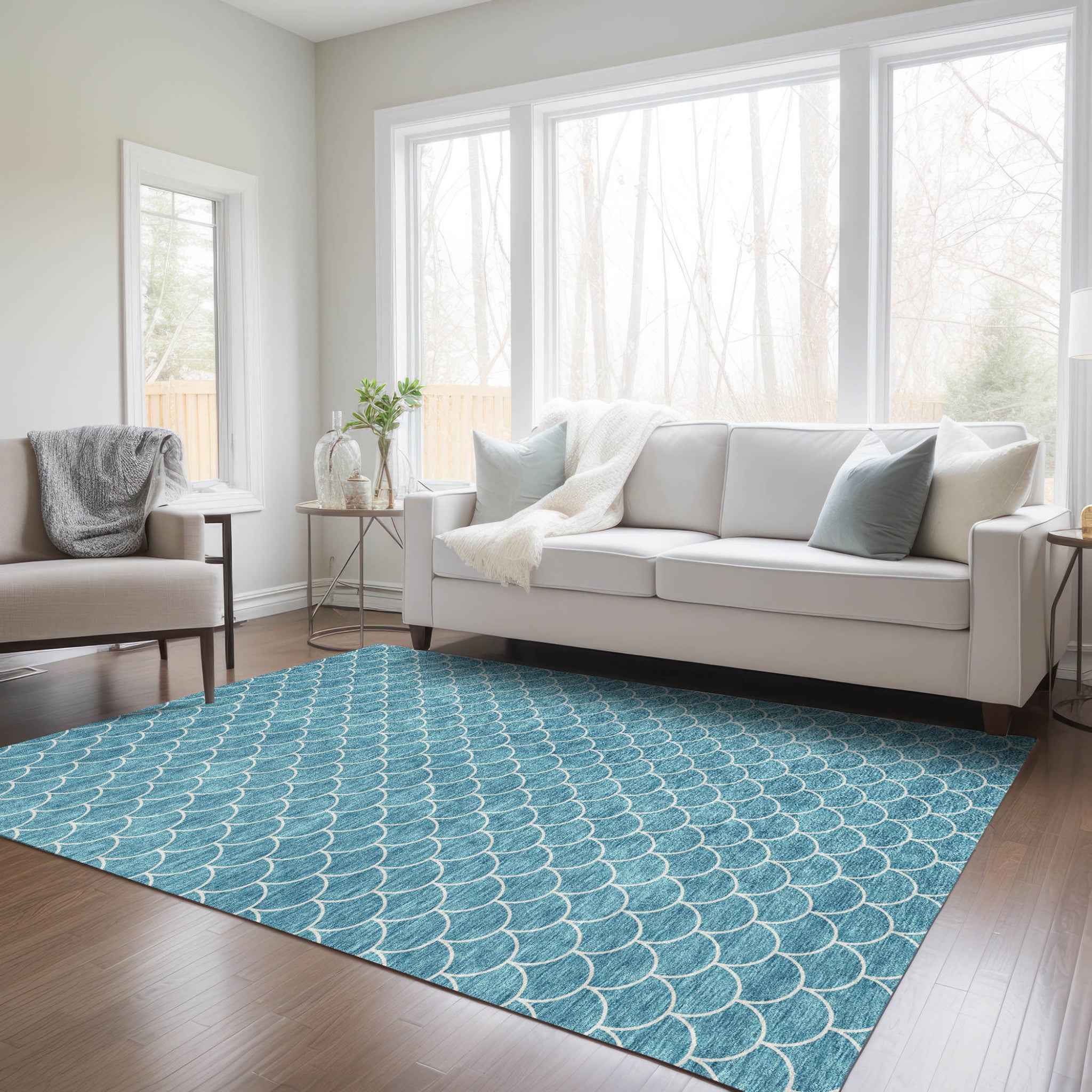 9' X 12' Teal Blue And Ivory Geometric Washable Indoor Outdoor Area Rug