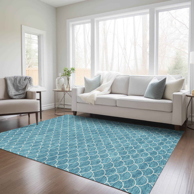 9' X 12' Teal Blue And Ivory Geometric Washable Indoor Outdoor Area Rug