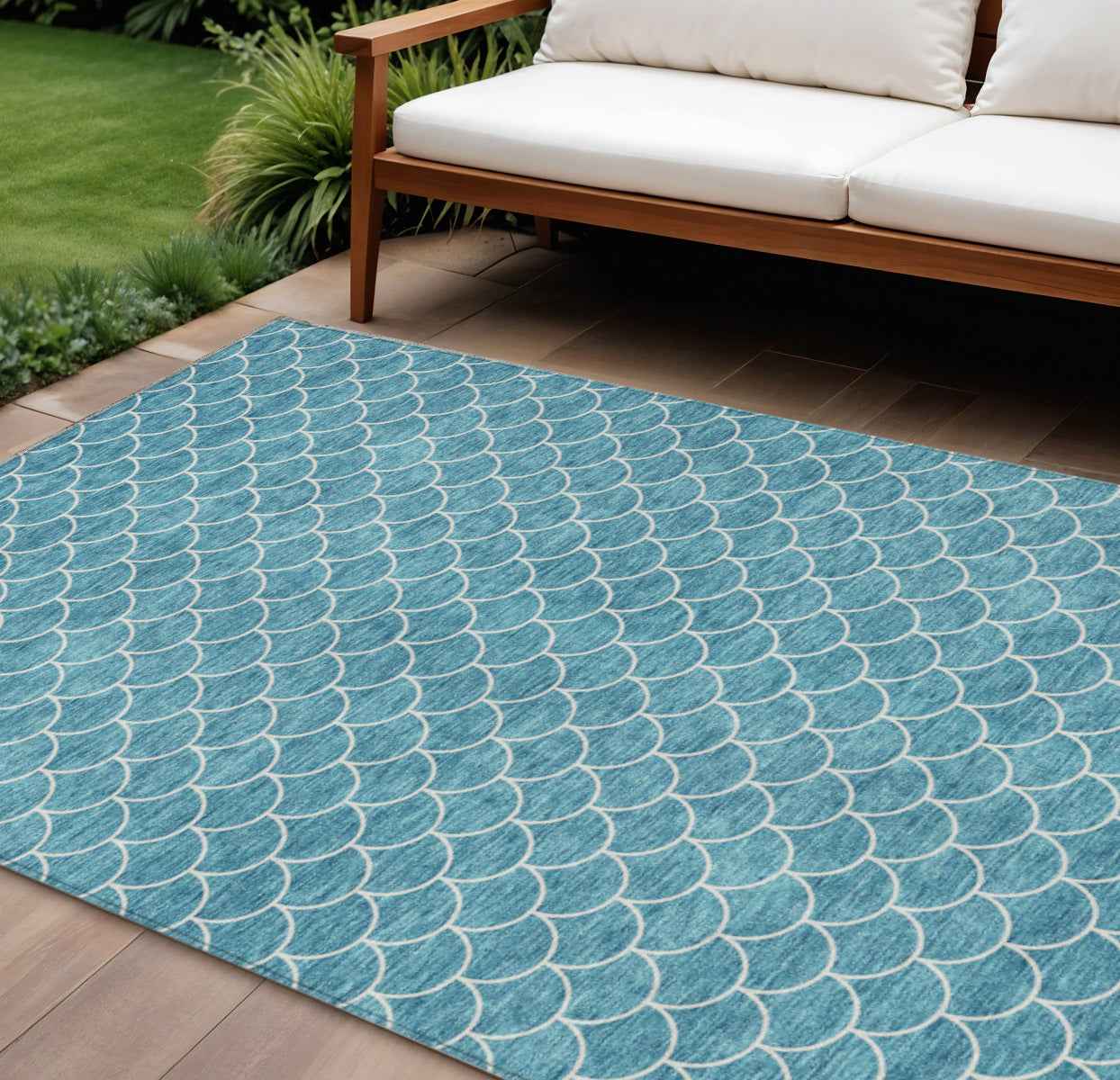 9' X 12' Teal Blue And Ivory Geometric Washable Indoor Outdoor Area Rug