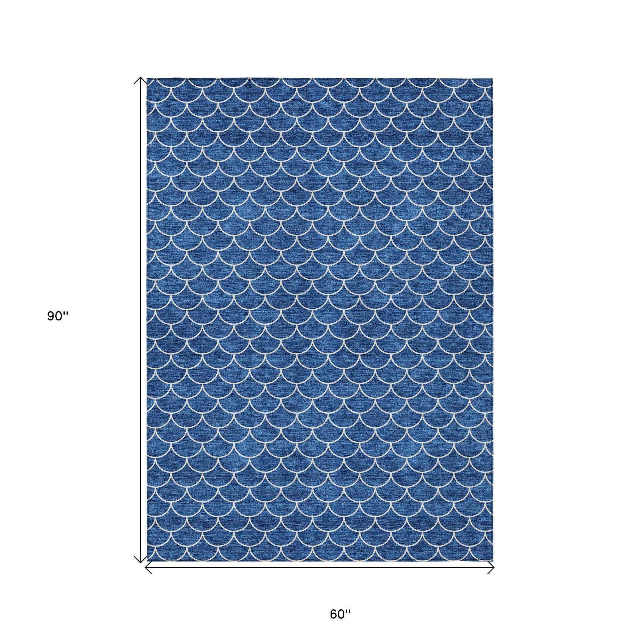 5' X 8' Blue And Ivory Geometric Washable Indoor Outdoor Area Rug