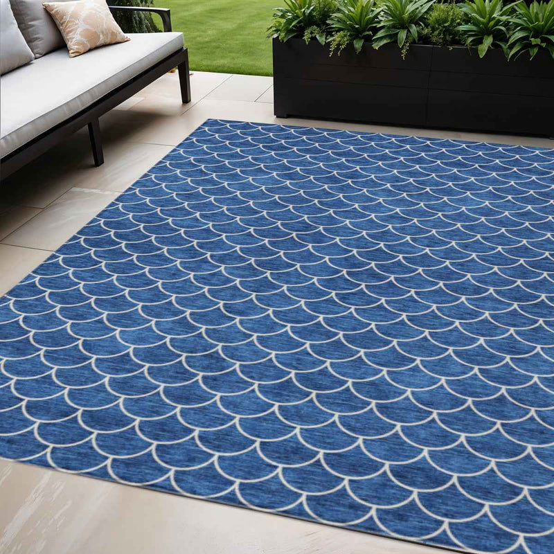 5' X 8' Blue And Ivory Geometric Washable Indoor Outdoor Area Rug