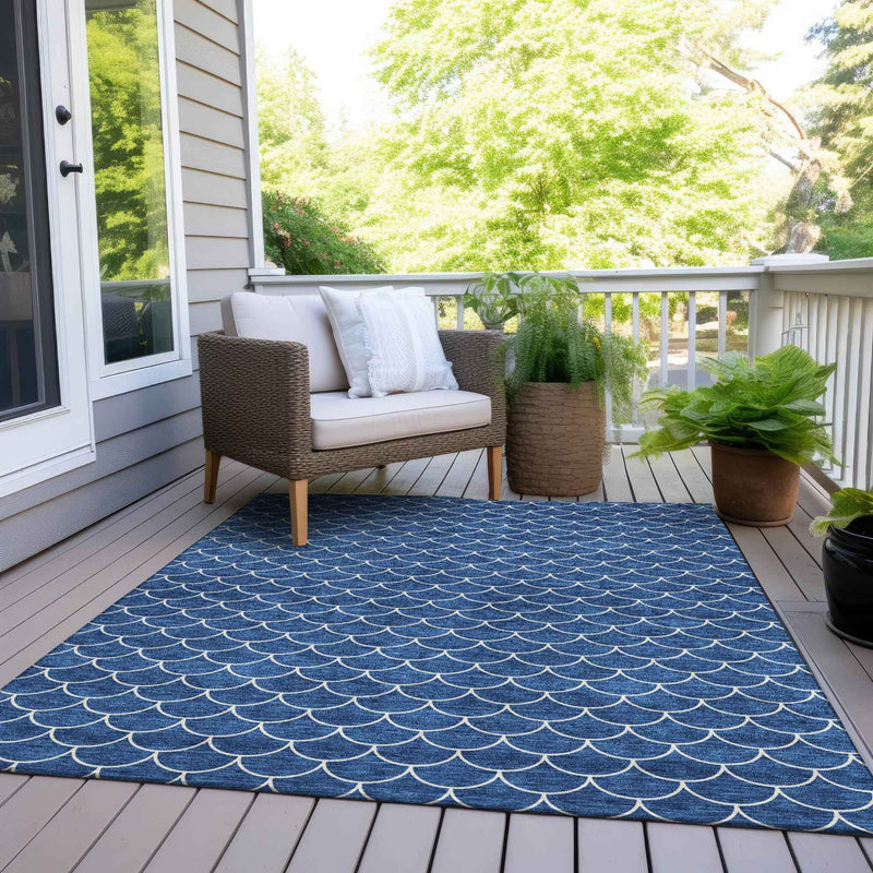 5' X 8' Blue And Ivory Geometric Washable Indoor Outdoor Area Rug