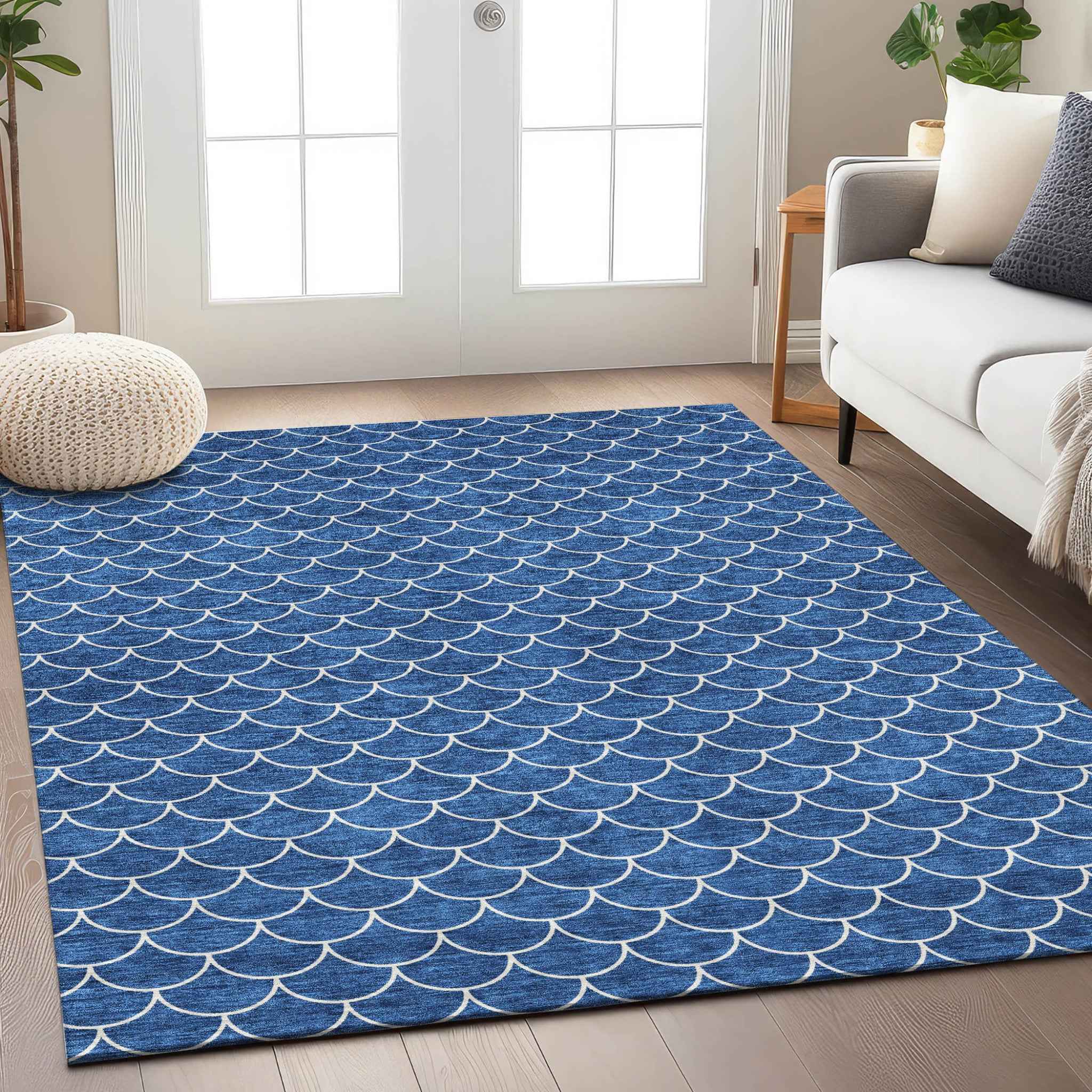 5' X 8' Blue And Ivory Geometric Washable Indoor Outdoor Area Rug