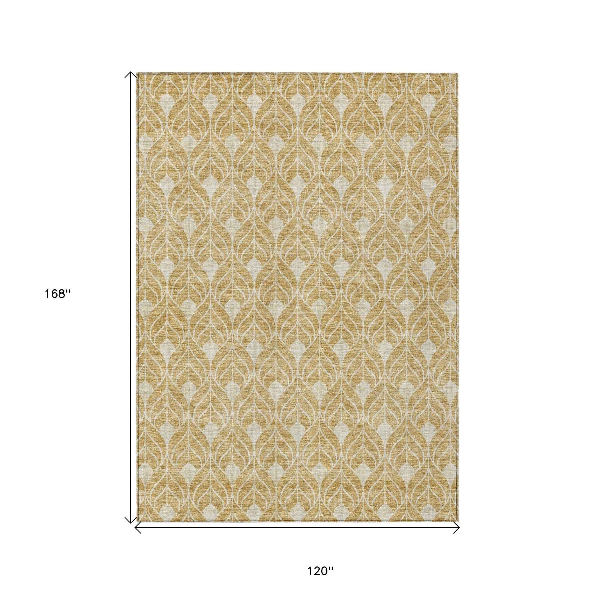 10' X 14' Gold And Ivory Geometric Washable Indoor Outdoor Area Rug