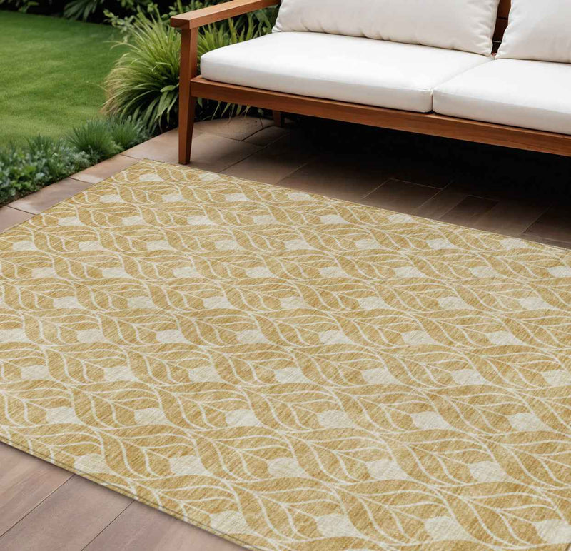 10' X 14' Gold And Ivory Geometric Washable Indoor Outdoor Area Rug