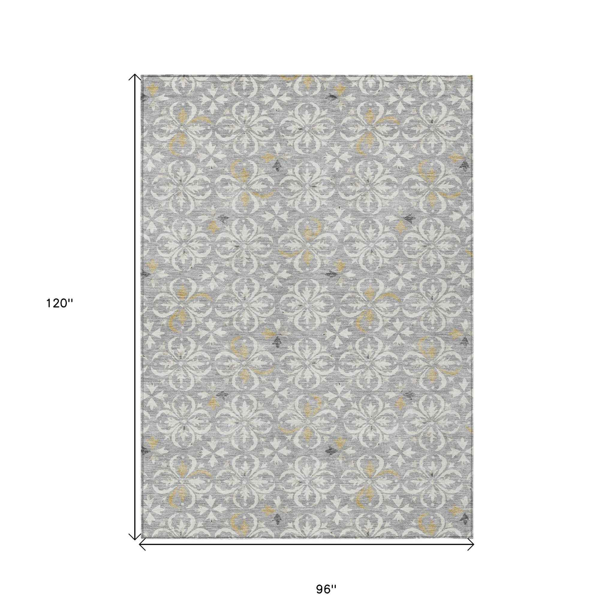 8' X 10' Gray Ivory And Brown Floral Washable Indoor Outdoor Area Rug