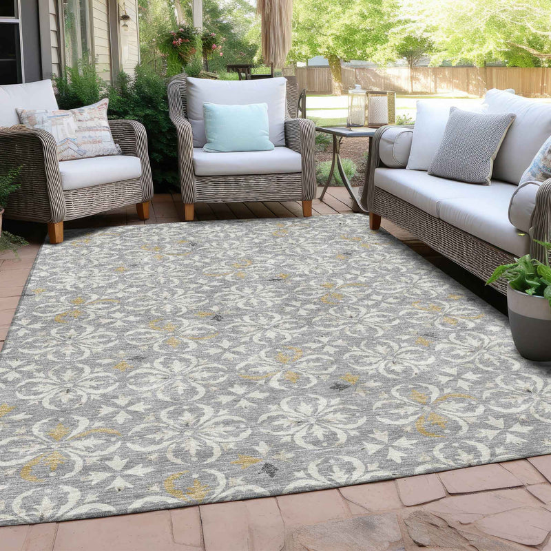 8' X 10' Gray Ivory And Brown Floral Washable Indoor Outdoor Area Rug
